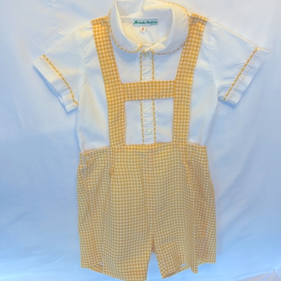 NWOT VINTAGE EUROPEAN MERCEDES CORTINA  OVERALLS/ SHIRT SET YELLOW & WHITE 2T - Picture 3 of 9